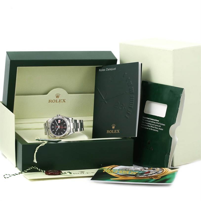The image shows a Rolex Turn-o-Graph 116264 Men
s Stainless Steel Black Dial 116264 Men
s Stainless Steel Black Dial watch with its box, manuals, and warranty card displayed from a front angle.