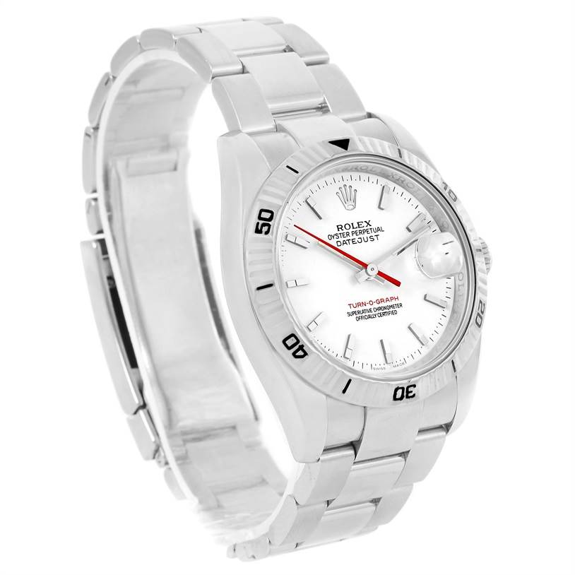 The image shows a side-angle view of the Rolex Turn-o-Graph 116264 Men
s Stainless Steel White Dial 116264 Men
s Stainless Steel White Dial watch, highlighting its face, bezel, bracelet, and clasp.