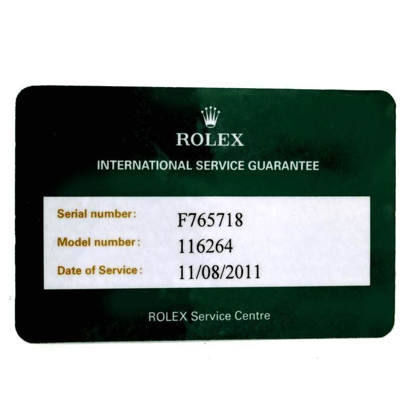 This image shows an International Service Guarantee card for a Rolex Turn-o-Graph 116264 Men
s Stainless Steel White Dial 116264 Men
s Stainless Steel White Dial model 116264.
