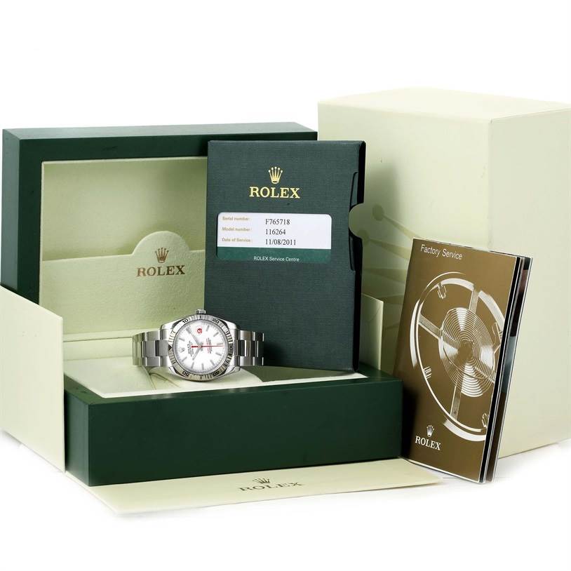 The image shows a Rolex Turn-o-Graph 116264 Men
s Stainless Steel White Dial 116264 Men
s Stainless Steel White Dial watch, its box, warranty card, and service booklet displayed at a front-facing angle.