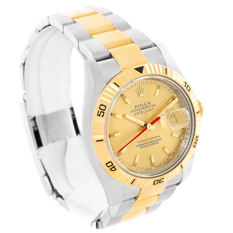 This is a Rolex Turn-o-Graph watch shown at a three-quarter angle, featuring its bezel, dial, and two-tone bracelet.