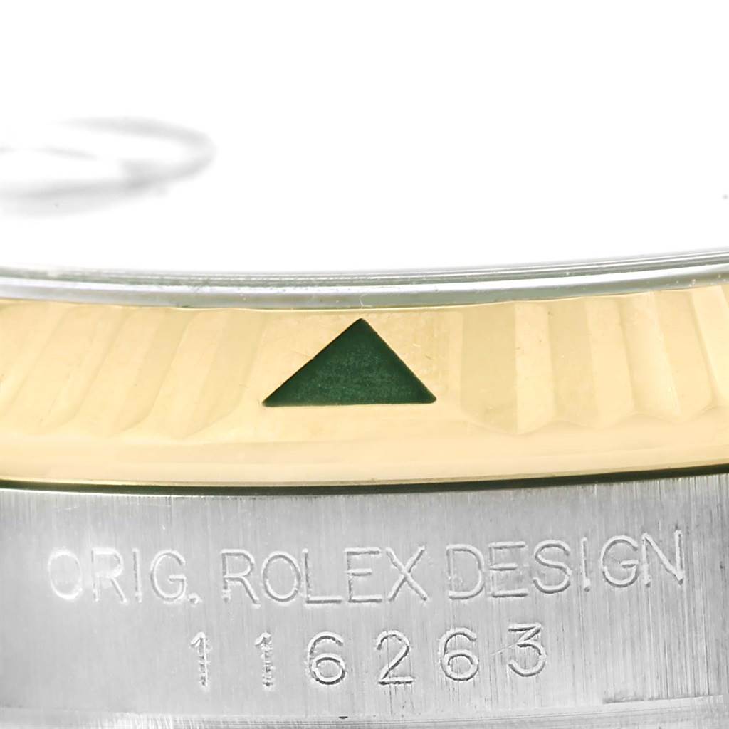 This image shows a close-up of the bezel and case-back inscription of a Rolex Turn-o-Graph 116263 Men
s Stainless Steel Champagne Dial 116263 Men
s Stainless Steel Champagne Dial, highlighting the model number 116263.