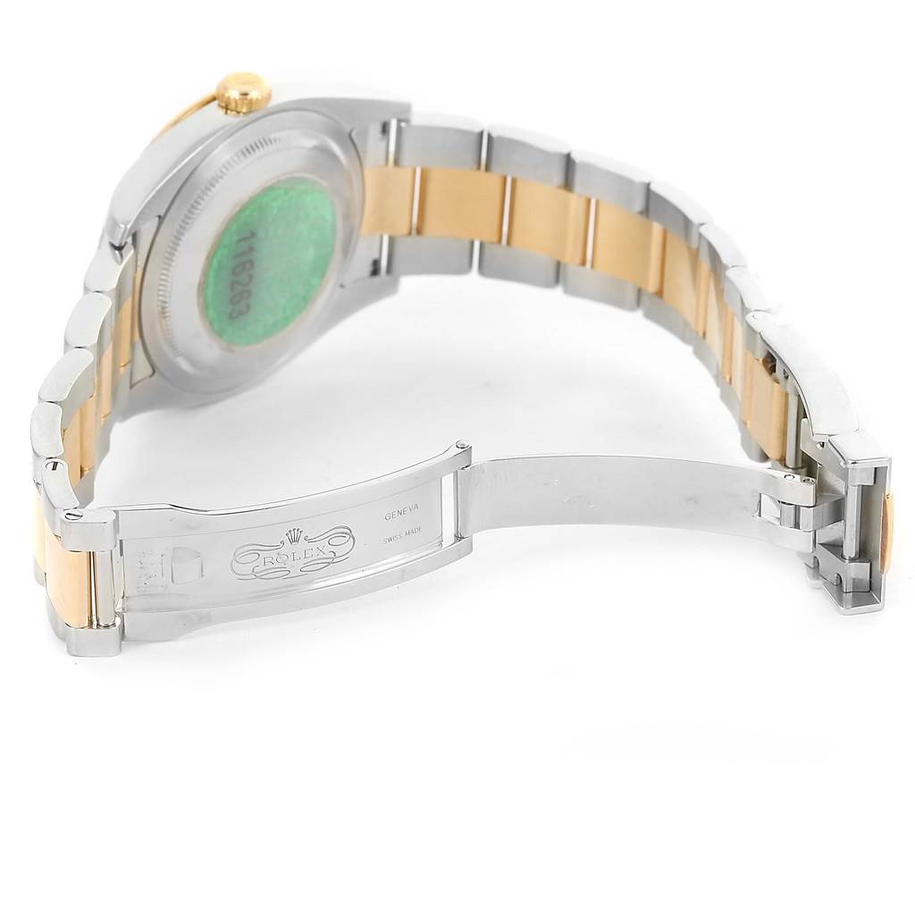 The image shows the back view of a Rolex Turn-o-Graph 116263 Men
s Stainless Steel Champagne Dial 116263 Men
s Stainless Steel Champagne Dial watch, highlighting the bracelet and clasp.