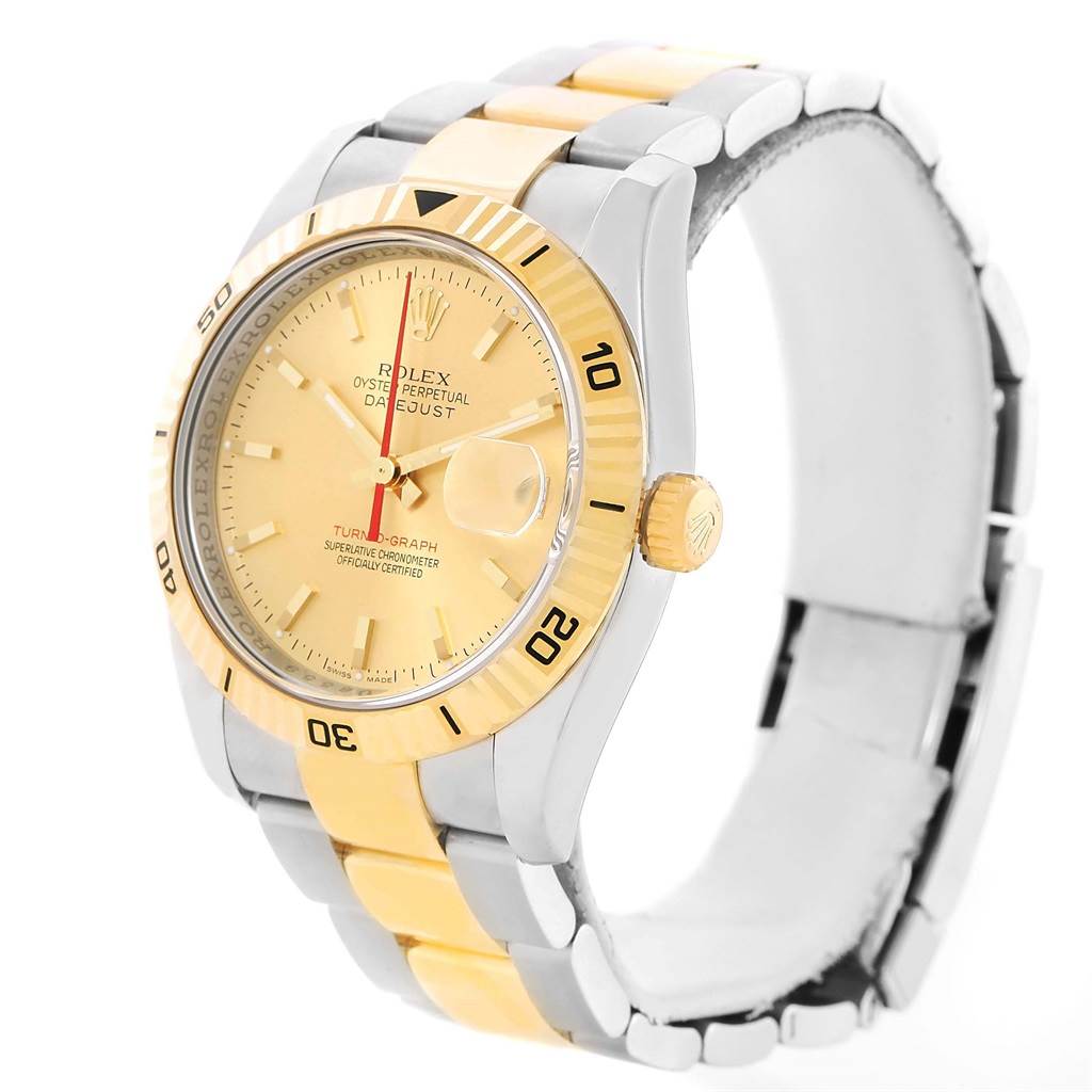 The Rolex Turn-o-Graph 116263 Men
s Stainless Steel Champagne Dial 116263 Men
s Stainless Steel Champagne Dial watch is angled to show the face, bezel, and bracelet.