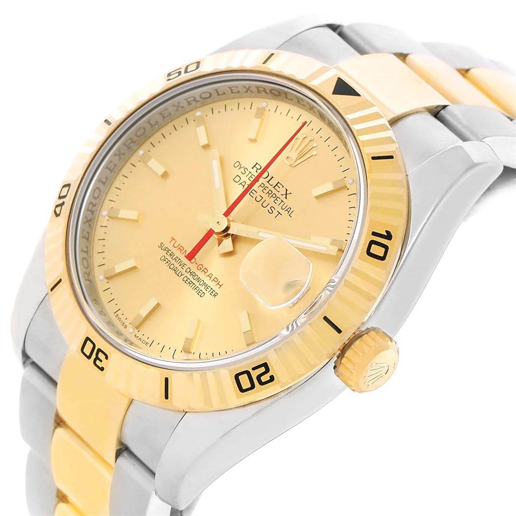 This image shows a Rolex Turn-o-Graph 116263 Men
s Stainless Steel Champagne Dial 116263 Men
s Stainless Steel Champagne Dial watch with a gold bezel, crown, and bracelet highlights, viewed at an angled perspective.