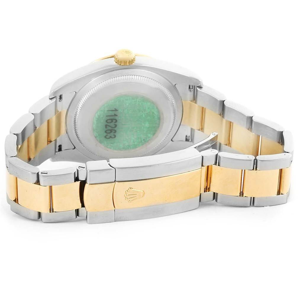 This image shows the back and bracelet of the Rolex Turn-o-Graph 116263 Men
s Stainless Steel Champagne Dial 116263 Men
s Stainless Steel Champagne Dial watch, highlighting its dual-tone metal finish and clasp.