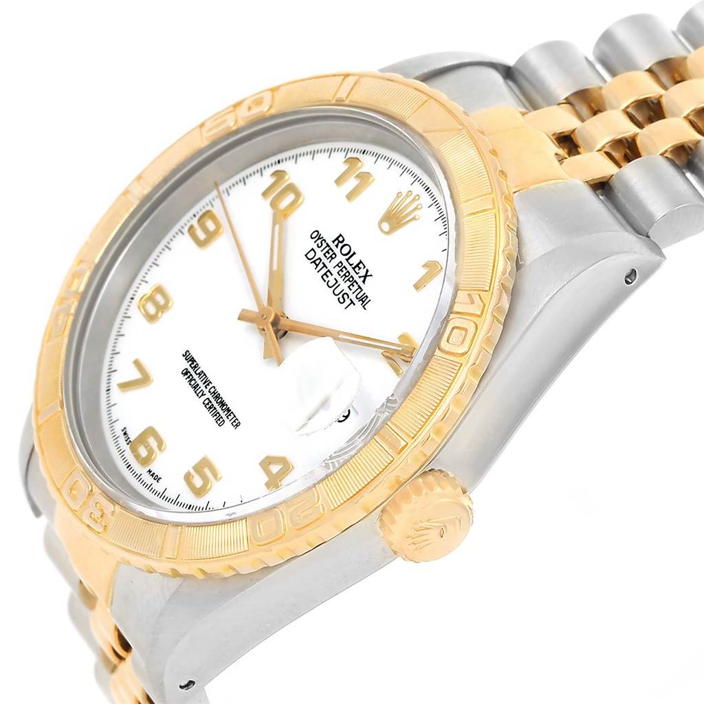 The image shows a Rolex Turn-o-Graph 16263 Men
s Steel and Gold (two tone) White Dial 16263 Men
s Steel and Gold (two tone) White Dial model watch from an angled close-up view highlighting the face, bezel, and bracelet.