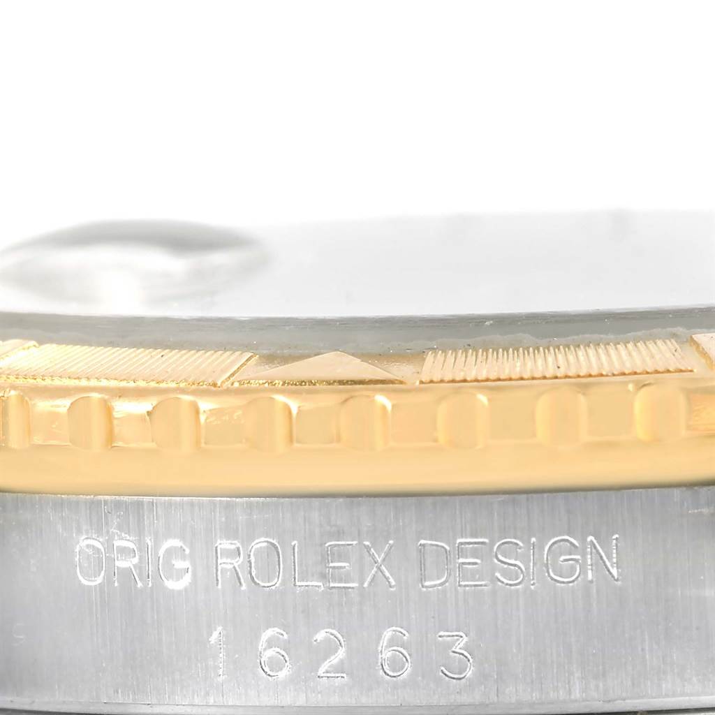 This image shows a close-up of the side of a Rolex Turn-o-Graph 16263 Men
s Steel and Gold (two tone) White Dial 16263 Men
s Steel and Gold (two tone) White Dial watch, highlighting the design number and part of the bezel.