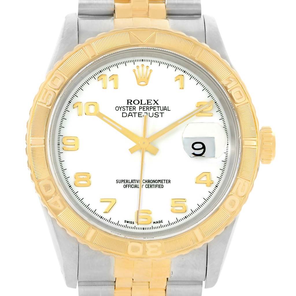 The image shows a front view of the Rolex Turn-o-Graph 16263 Men
s Steel and Gold (two tone) White Dial 16263 Men
s Steel and Gold (two tone) White Dial watch, highlighting the dial, bezel, and part of the bracelet.