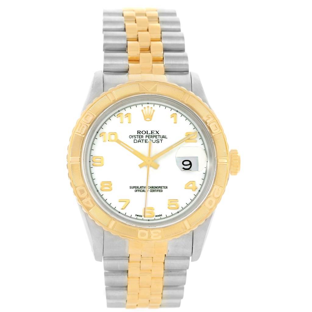This image shows a front view of the Rolex Turn-o-Graph 16263 Men
s Steel and Gold (two tone) White Dial 16263 Men
s Steel and Gold (two tone) White Dial watch, highlighting its dial, bezel, and two-tone bracelet.