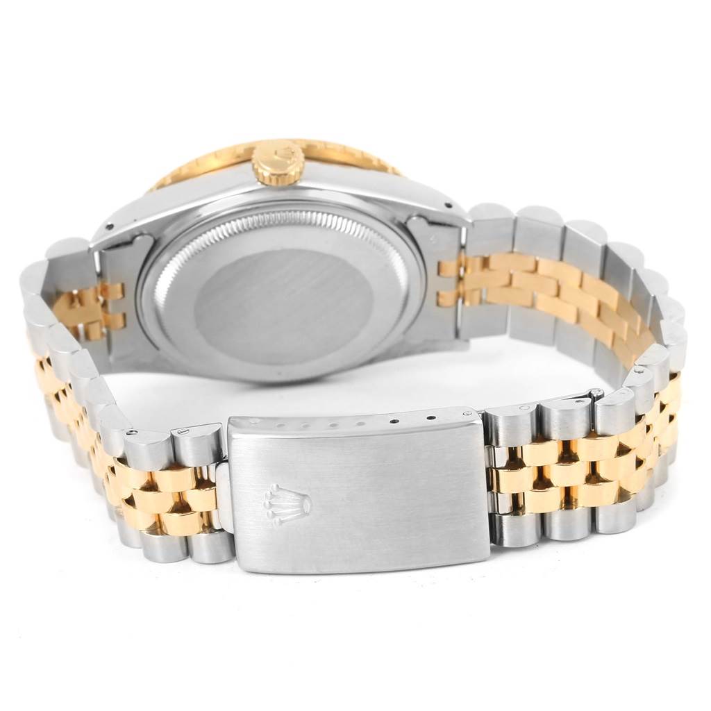 The image shows the back case, crown, and two-tone bracelet of the Rolex Turn-o-Graph 16253 Men's Steel and Gold (two tone) Black Dial 16253 Men's Steel and Gold (two tone) Black Dial watch.