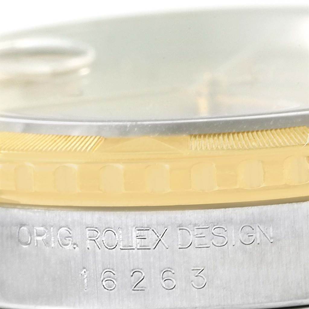 This close-up image shows the side profile of a Rolex Turn-o-Graph 16263 Men's Steel and Gold (two tone) Champagne Dial 16263 Men's Steel and Gold (two tone) Champagne Dial watch, highlighting the bezel and case with engraved model number 16263.