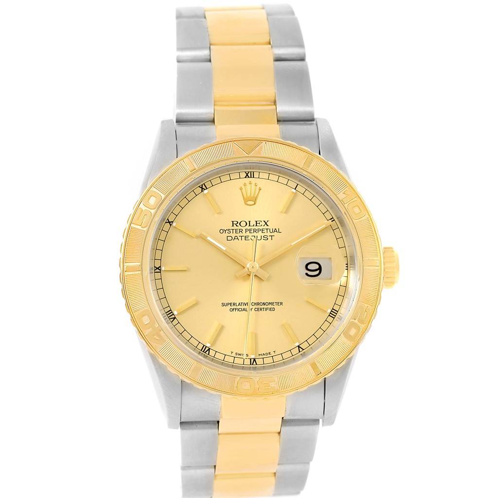 This image shows a front view of a Rolex Turn-o-Graph 16263 Men's Steel and Gold (two tone) Champagne Dial 16263 Men's Steel and Gold (two tone) Champagne Dial Oyster Perpetual Datejust watch with a gold and silver bracelet.