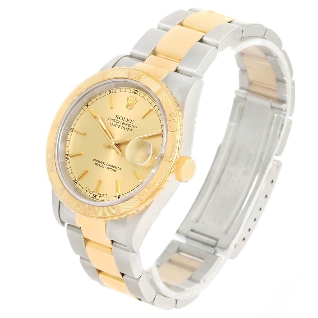 This image shows a Rolex Turn-o-Graph 16263 Men's Steel and Gold (two tone) Champagne Dial 16263 Men's Steel and Gold (two tone) Champagne Dial watch viewed from an angled top perspective, displaying its dial, bezel, bracelet, and clasp.