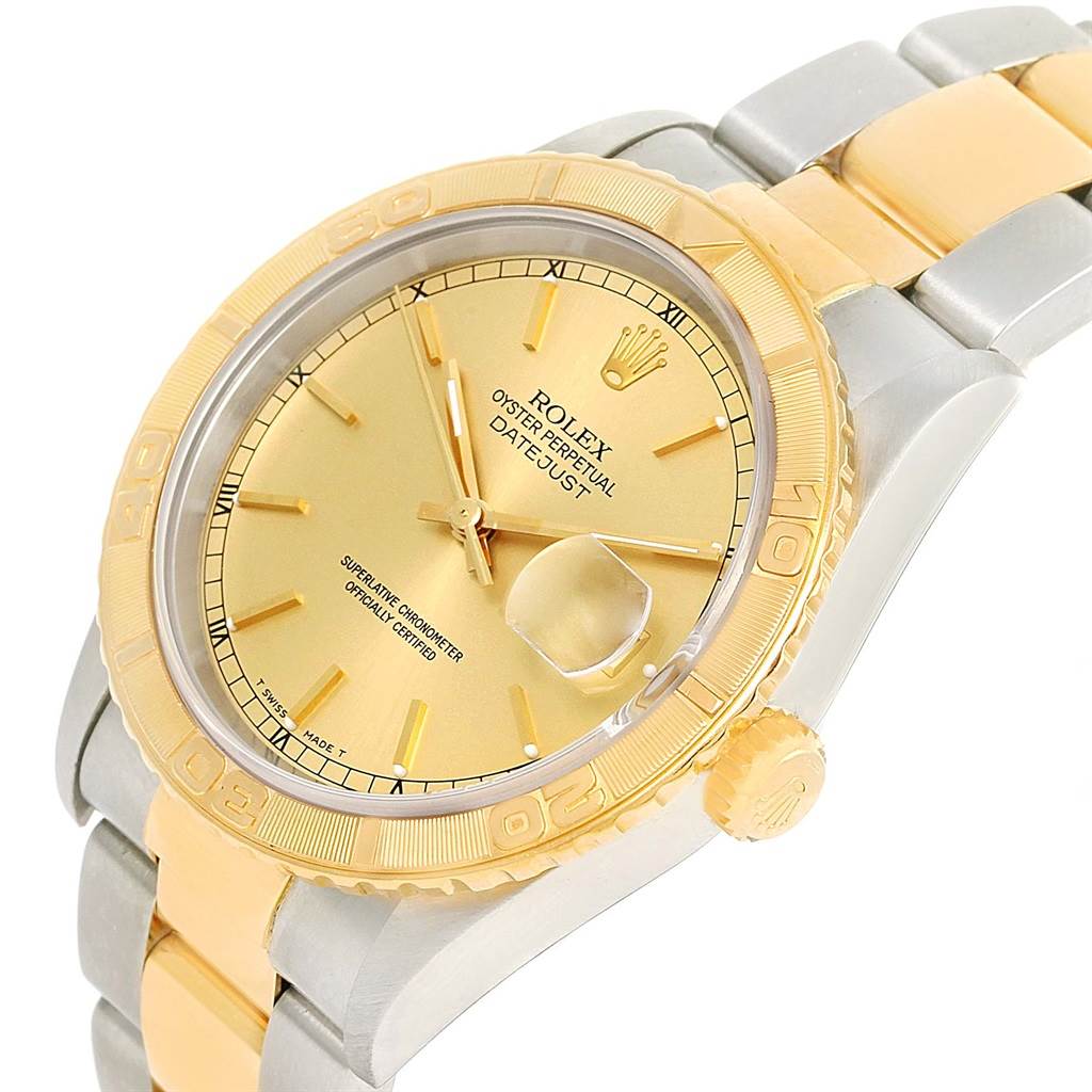 This image shows a Rolex Turn-o-Graph 16263 Men's Steel and Gold (two tone) Champagne Dial 16263 Men's Steel and Gold (two tone) Champagne Dial watch viewed from a front-angle, highlighting the dial, bezel, and bracelet of the watch.
