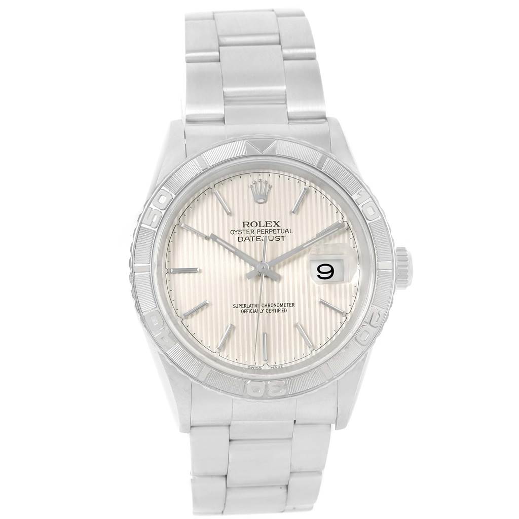 The Rolex Turn-o-Graph 16264 Men's Stainless Steel Silver Dial 16264 Men's Stainless Steel Silver Dial watch is shown from a front angle, displaying the face, bezel, and bracelet.