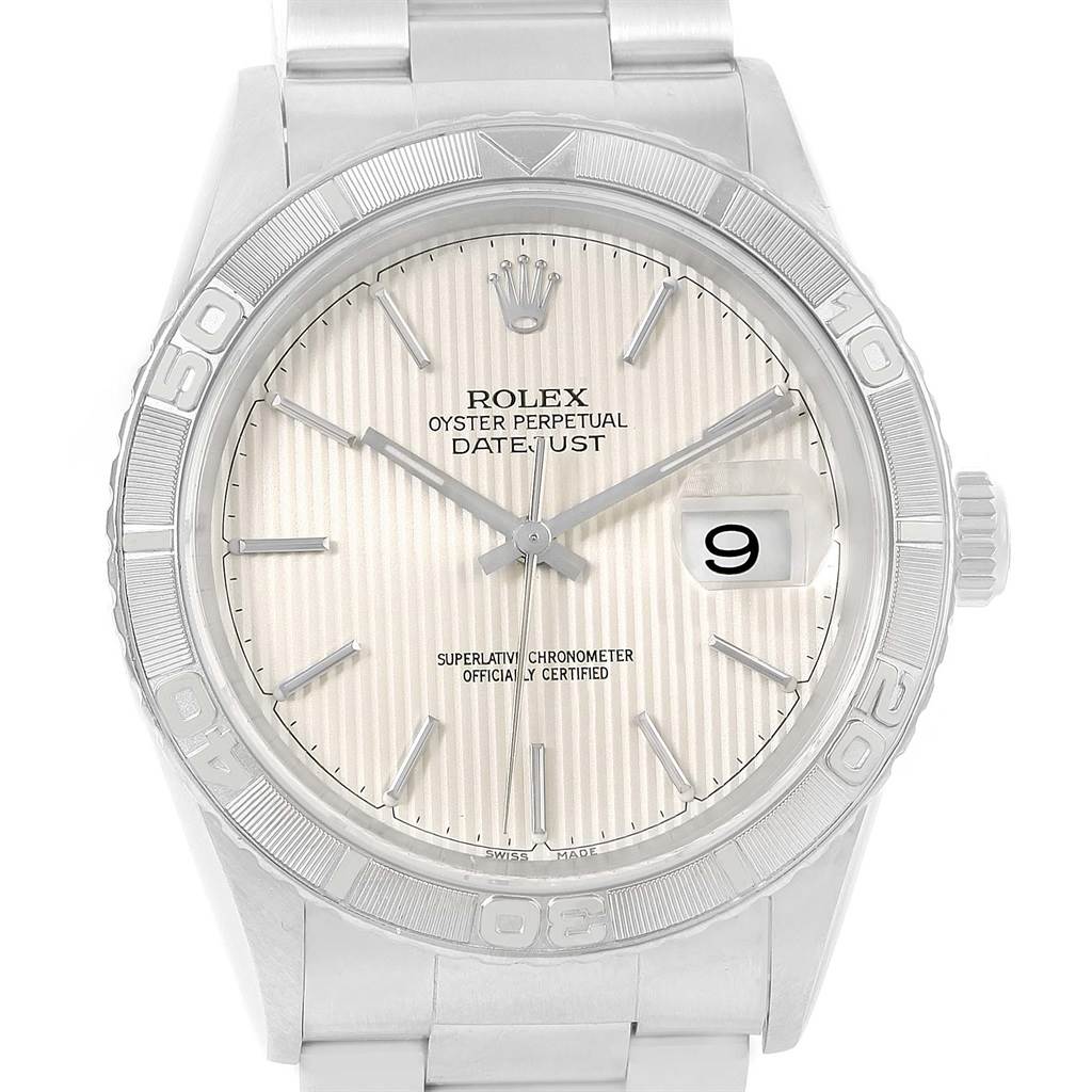 This image shows a frontal view of the Rolex Turn-o-Graph 16264 Men's Stainless Steel Silver Dial 16264 Men's Stainless Steel Silver Dial Datejust, highlighting its face, bezel, and bracelet.