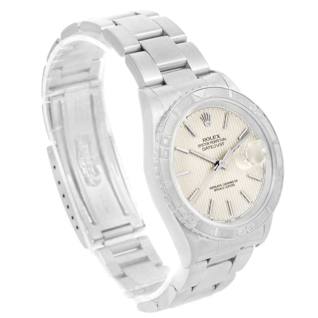 This image shows the front and side view of a Rolex Turn-o-Graph 16264 Men's Stainless Steel Silver Dial 16264 Men's Stainless Steel Silver Dial watch, displaying its face, bezel, and stainless steel bracelet.