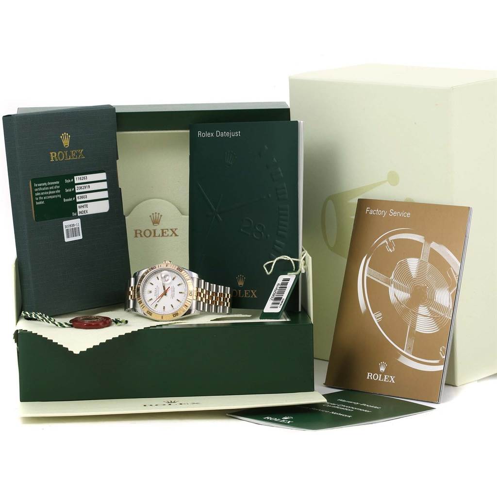 The image shows a Rolex Turn-o-Graph 116263 Men's Stainless Steel White Dial 116263 Men's Stainless Steel White Dial watch with manuals, tags, and original packaging from a frontal angle.