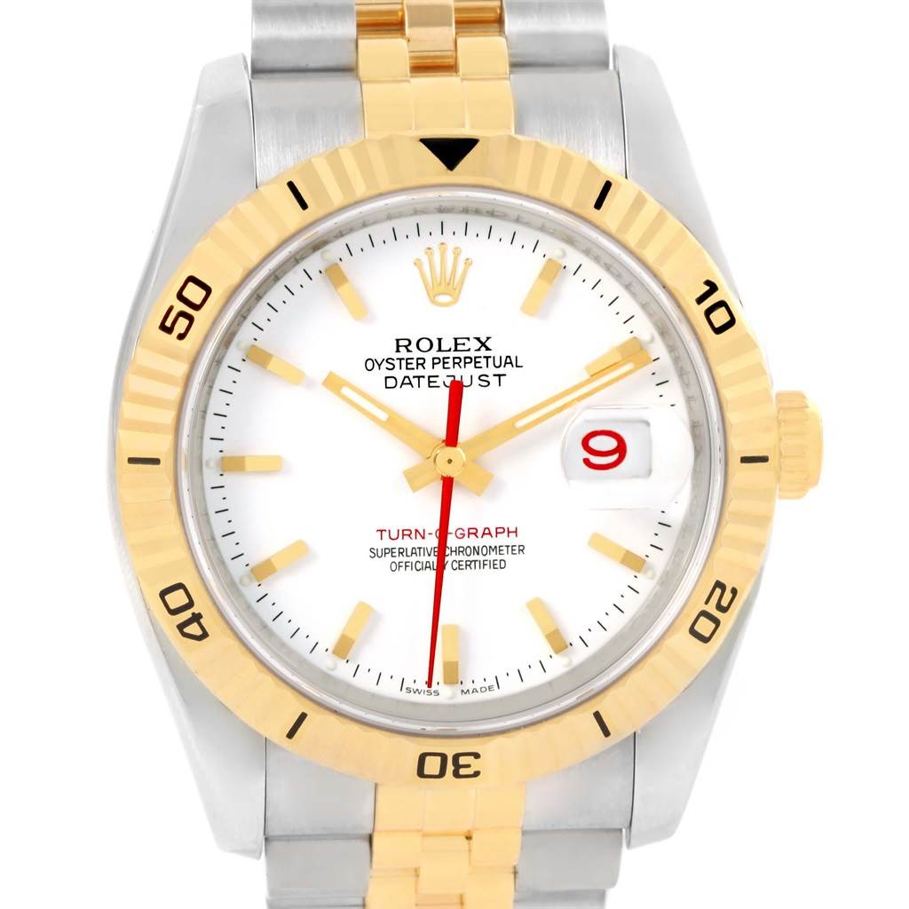 The image shows a front view of the Rolex Turn-o-Graph 116263 Men's Stainless Steel White Dial 116263 Men's Stainless Steel White Dial watch, displaying the dial, bezel, and part of the two-tone bracelet.