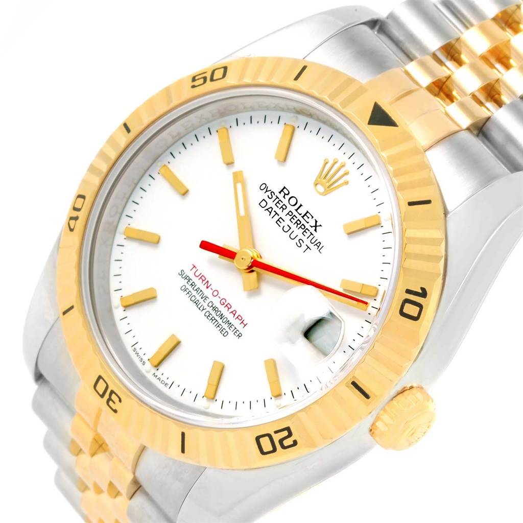 This image shows a Rolex Turn-o-Graph 116263 Men's Stainless Steel White Dial 116263 Men's Stainless Steel White Dial watch at a slight angle from the front, highlighting its dial, bezel, and part of the bracelet.