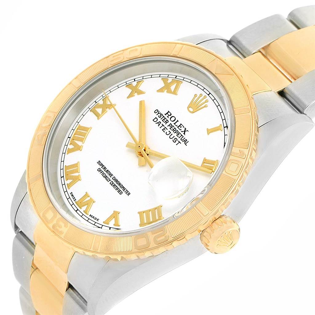 The image shows a Rolex Turn-o-Graph 16263 Men's Steel and Gold (two tone) White Dial 16263 Men's Steel and Gold (two tone) White Dial watch from an oblique angle, highlighting the dial, bezel, crown, and bracelet.