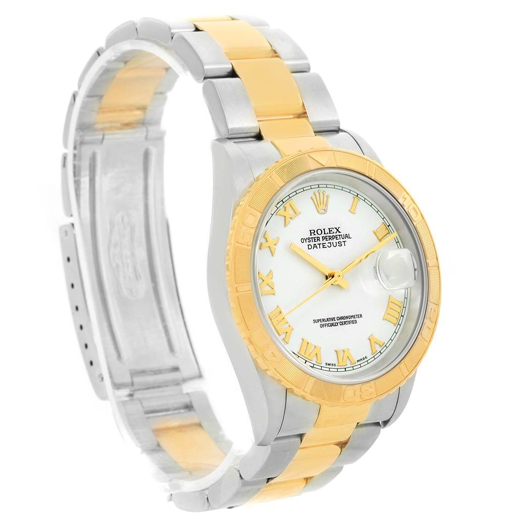 The Rolex Turn-o-Graph 16263 Men's Steel and Gold (two tone) White Dial 16263 Men's Steel and Gold (two tone) White Dial model watch is shown at a slight angle, displaying the dial, bezel, and a two-tone bracelet.