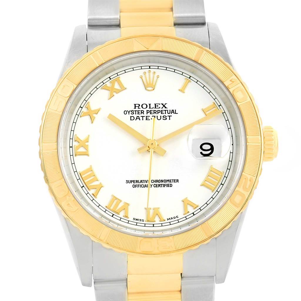 The image shows a front view of a Rolex Turn-o-Graph 16263 Men's Steel and Gold (two tone) White Dial 16263 Men's Steel and Gold (two tone) White Dial watch, highlighting its dial, bezel, and bracelet.