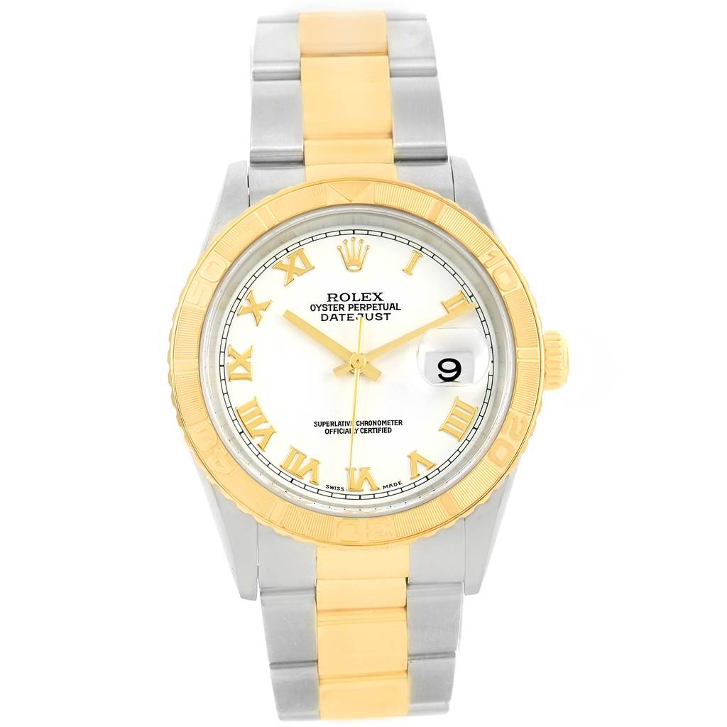 The image shows a front view of a Rolex Turn-o-Graph 16263 Men's Steel and Gold (two tone) White Dial 16263 Men's Steel and Gold (two tone) White Dial watch, displaying the dial, bezel, and bracelet.