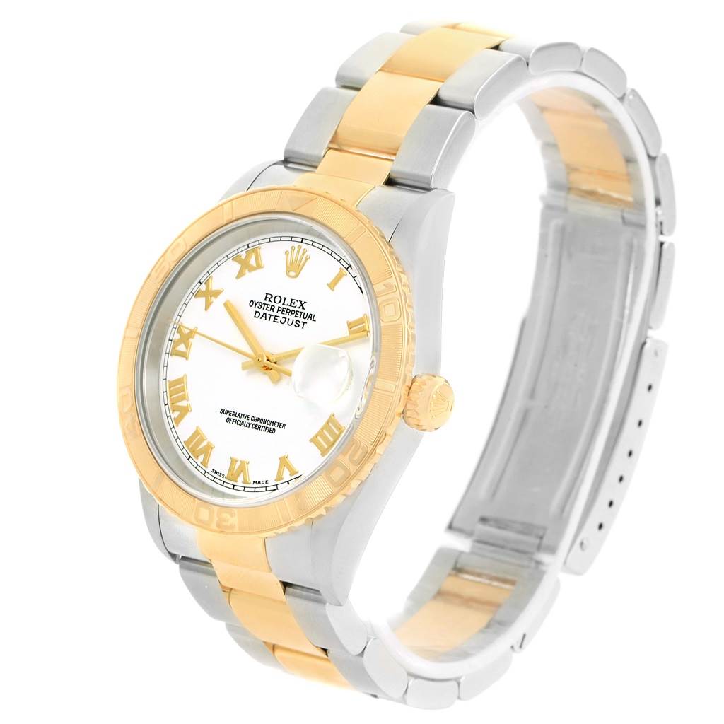 The Rolex Turn-o-Graph 16263 Men's Steel and Gold (two tone) White Dial 16263 Men's Steel and Gold (two tone) White Dial watch is shown at an angle displaying its full face, bezel, and bicolored bracelet.