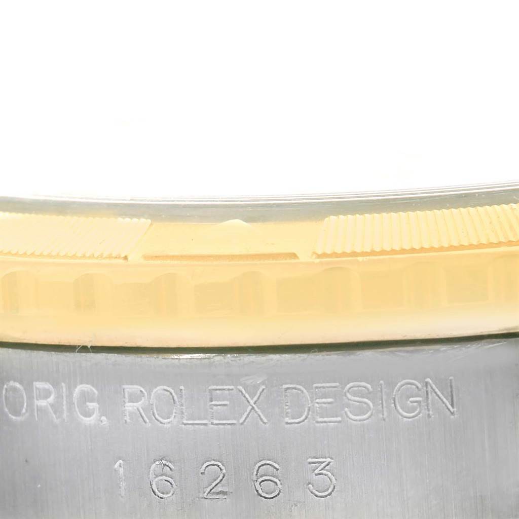 The image shows the side view of a Rolex Turn-o-Graph 16263 Men's Steel and Gold (two tone) White Dial 16263 Men's Steel and Gold (two tone) White Dial model, highlighting the bezel and case with the model number 16263.
