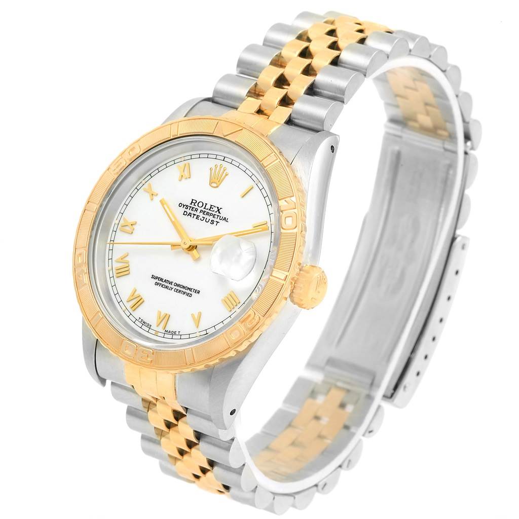 The image shows a Rolex Turn-o-Graph 16263 Men
s Steel and Gold (two tone) White Dial 16263 Men
s Steel and Gold (two tone) White Dial watch at an angle highlighting the dial, bezel, and two-tone bracelet.