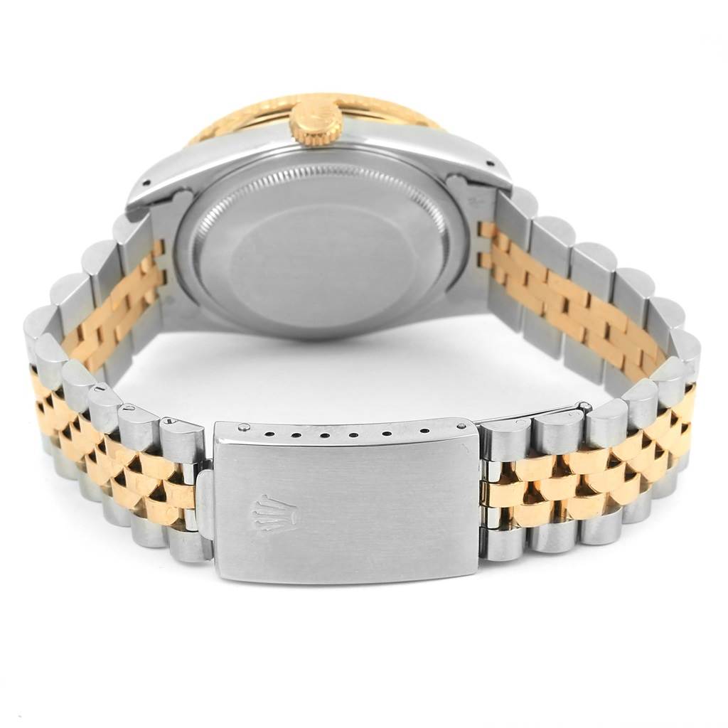 The image shows the back view of a Rolex Turn-o-Graph 16263 Men
s Steel and Gold (two tone) White Dial 16263 Men
s Steel and Gold (two tone) White Dial watch, focusing on the case back, crown, and two-tone bracelet with a clasp.