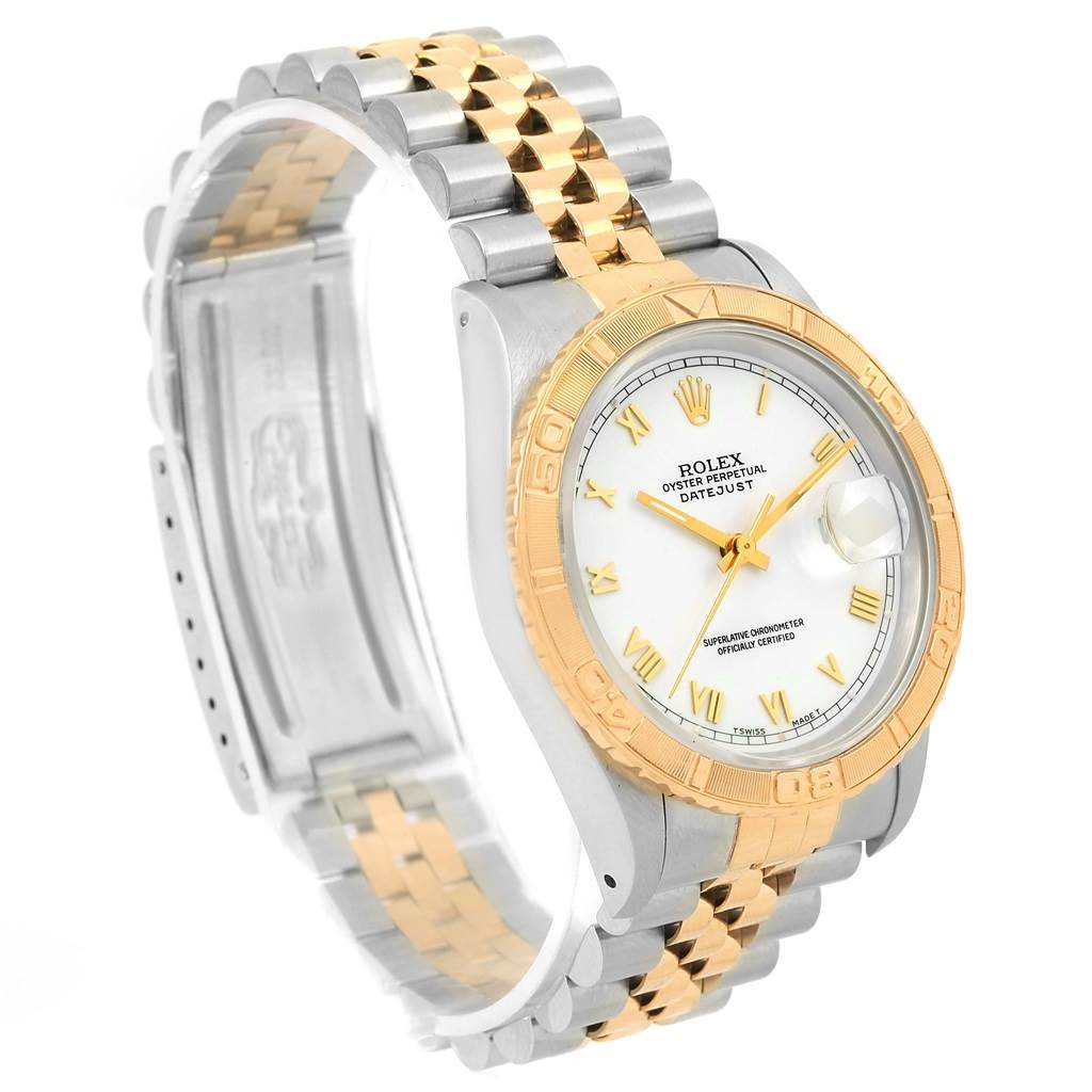 This image shows a Rolex Turn-o-Graph 16263 Men
s Steel and Gold (two tone) White Dial 16263 Men
s Steel and Gold (two tone) White Dial watch at a slight angle, displaying the face, bezel, and two-tone bracelet.