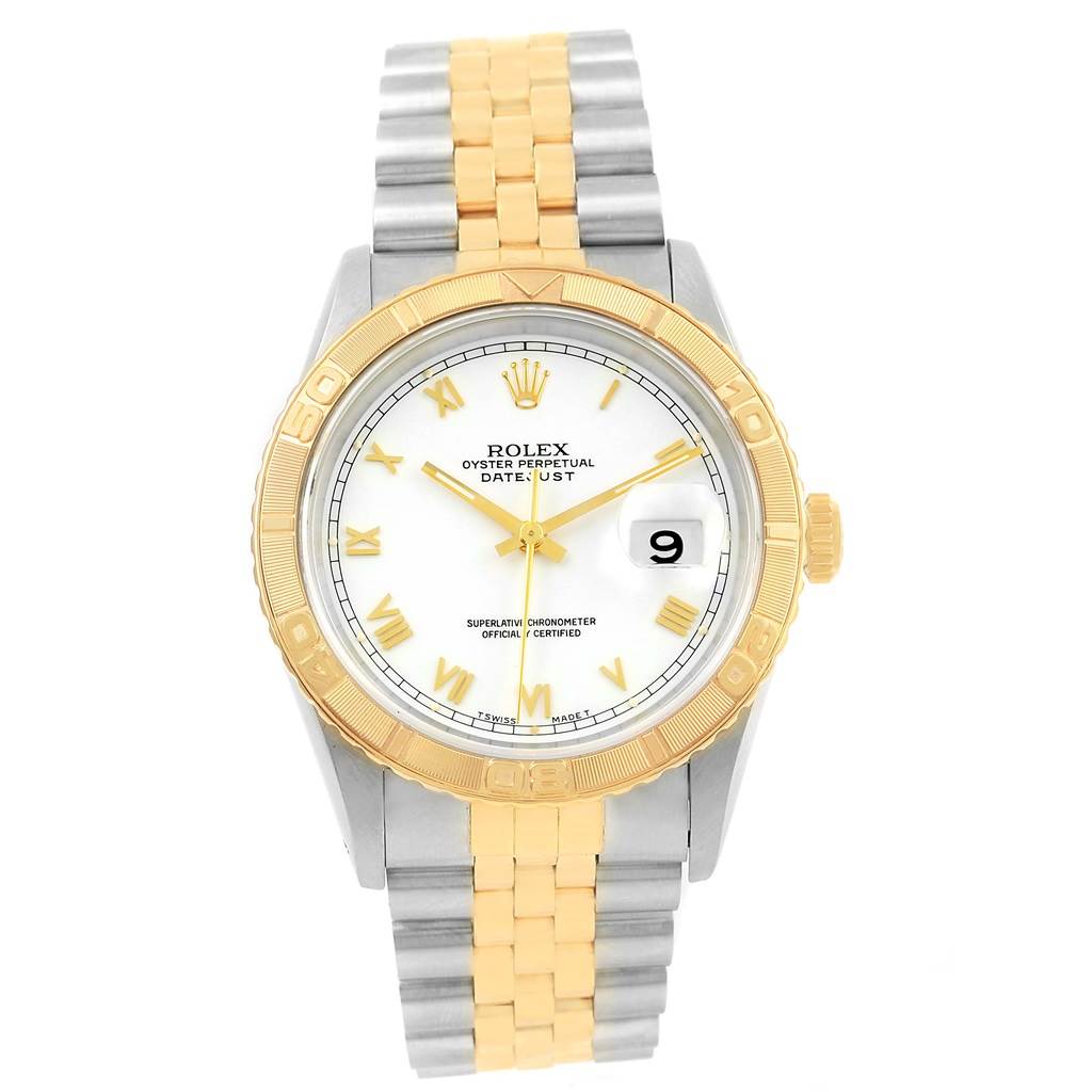 The image shows a front view of a Rolex Turn-o-Graph 16263 Men
s Steel and Gold (two tone) White Dial 16263 Men
s Steel and Gold (two tone) White Dial watch, featuring the dial, bezel, and bracelet.