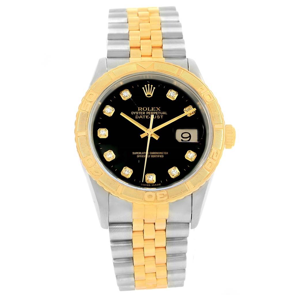 The image shows a frontal view of a Rolex Turn-o-Graph 16263 Men
s Steel and Gold (two tone) Black Dial 16263 Men
s Steel and Gold (two tone) Black Dial watch, highlighting its black dial, gold bezel, and two-tone bracelet.