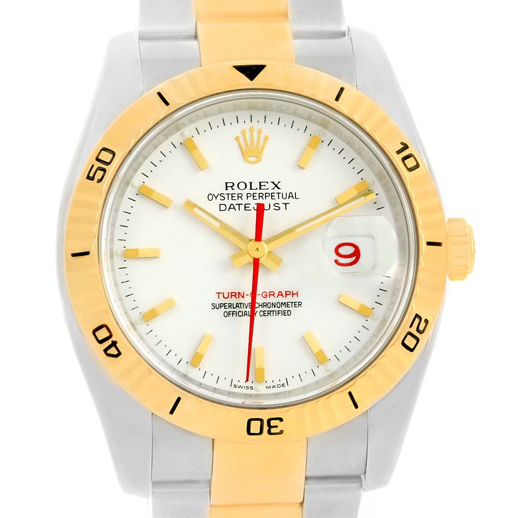 This image shows a frontal view of the Rolex Turn-o-Graph 116263 Men
s Stainless Steel White Dial 116263 Men
s Stainless Steel White Dial watch, highlighting its bezel, dial, hands, and bracelet.