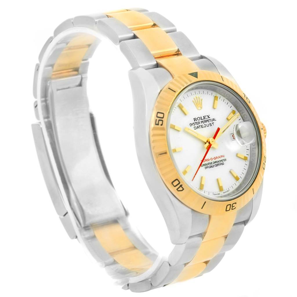 The image shows a Rolex Turn-o-Graph 116263 Men
s Stainless Steel White Dial 116263 Men
s Stainless Steel White Dial watch at a front-side angle, showcasing the dial, bezel, and two-tone bracelet.