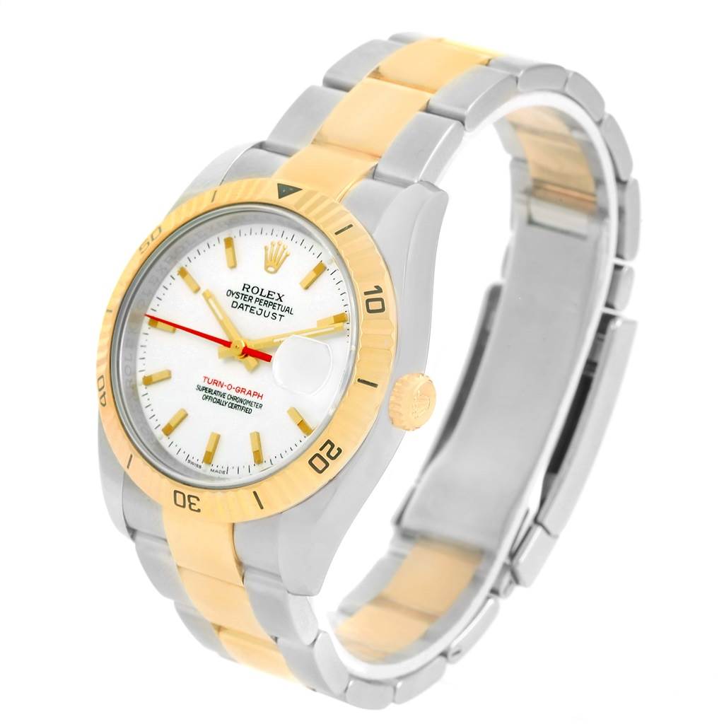 This image shows an angled view of a Rolex Turn-o-Graph 116263 Men
s Stainless Steel White Dial 116263 Men
s Stainless Steel White Dial watch, highlighting the bezel, dial, and bracelet.