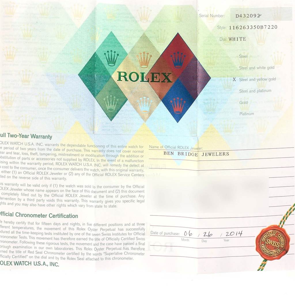 The image shows the warranty and certification papers for the Rolex Turn-o-Graph 116263 Men
s Stainless Steel White Dial 116263 Men
s Stainless Steel White Dial model.