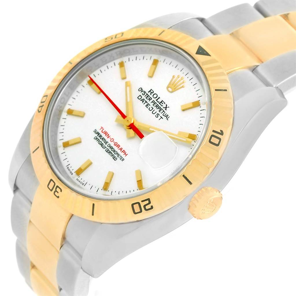 This Rolex Turn-o-Graph 116263 Men
s Stainless Steel White Dial 116263 Men
s Stainless Steel White Dial watch is shown at a tilted angle, highlighting the dial, bezel, hands, crown, and part of the bracelet.