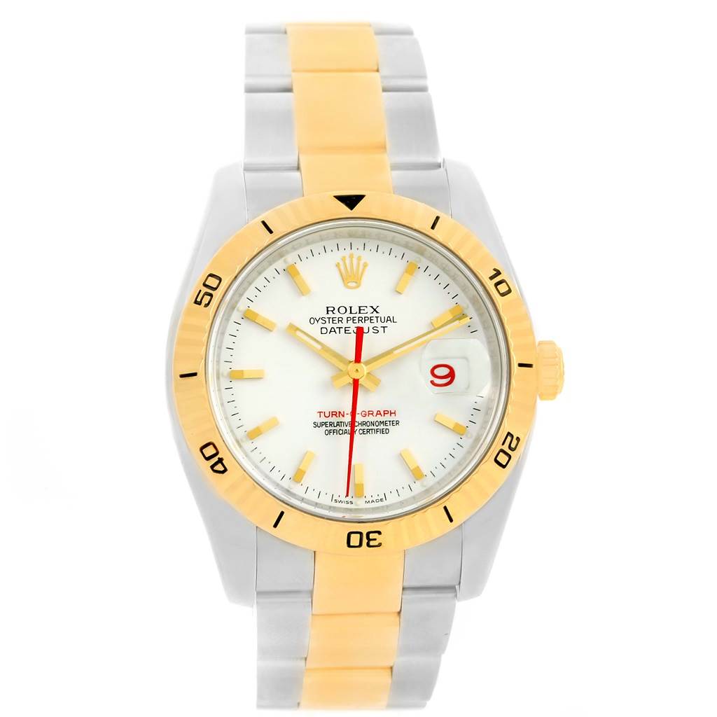 The image shows a front view of a Rolex Turn-o-Graph 116263 Men
s Stainless Steel White Dial 116263 Men
s Stainless Steel White Dial watch, displaying its dial, bezel, and two-tone metal strap.