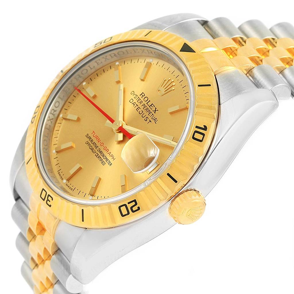 The image shows an angled view of the Rolex Turn-o-Graph 116263 Men's Stainless Steel Champagne Dial 116263 Men's Stainless Steel Champagne Dial watch, highlighting its dial, bezel, crown, and bracelet.