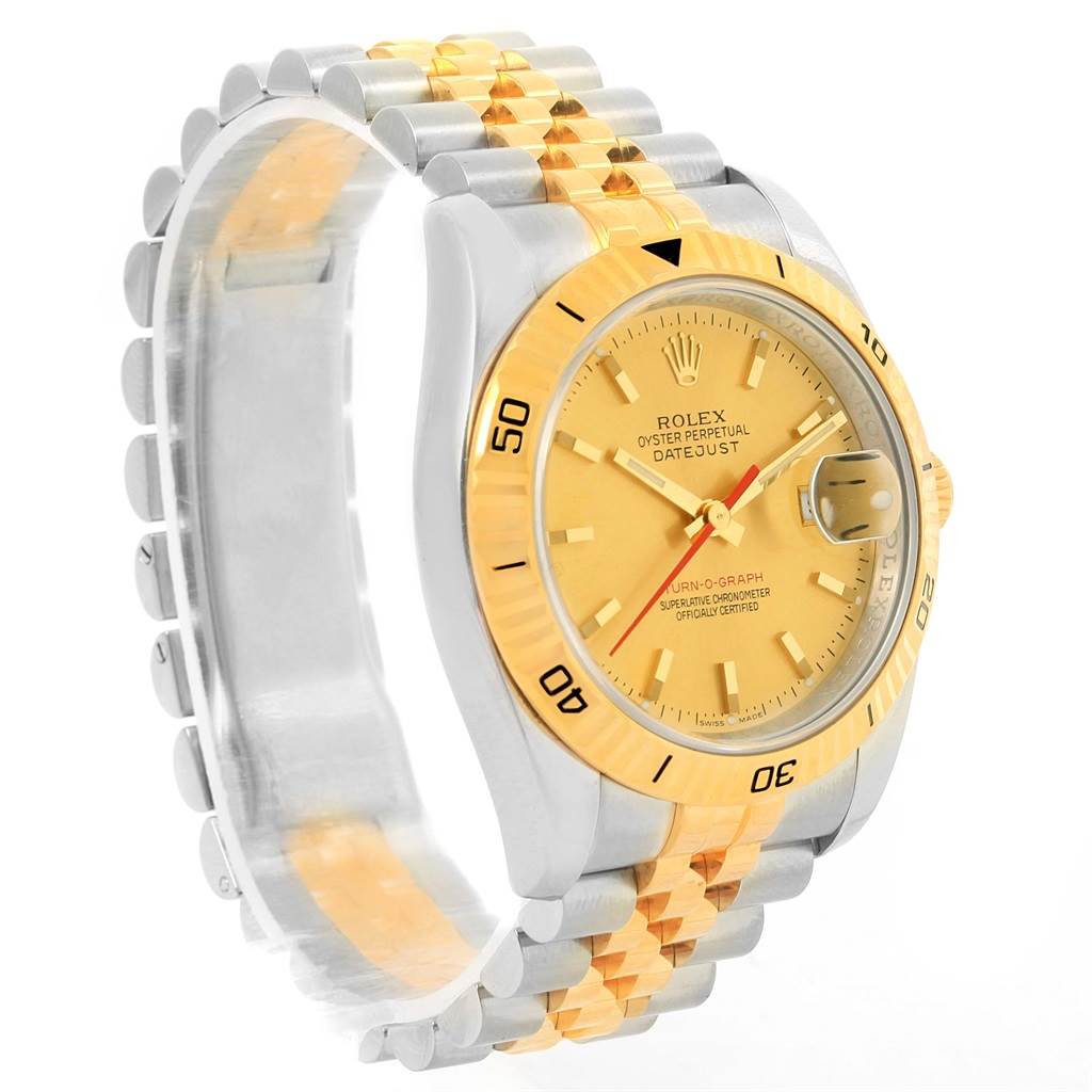The image shows a side angle of the Rolex Turn-o-Graph 116263 Men's Stainless Steel Champagne Dial 116263 Men's Stainless Steel Champagne Dial watch, highlighting the gold and silver bracelet, and the gold bezel and dial.