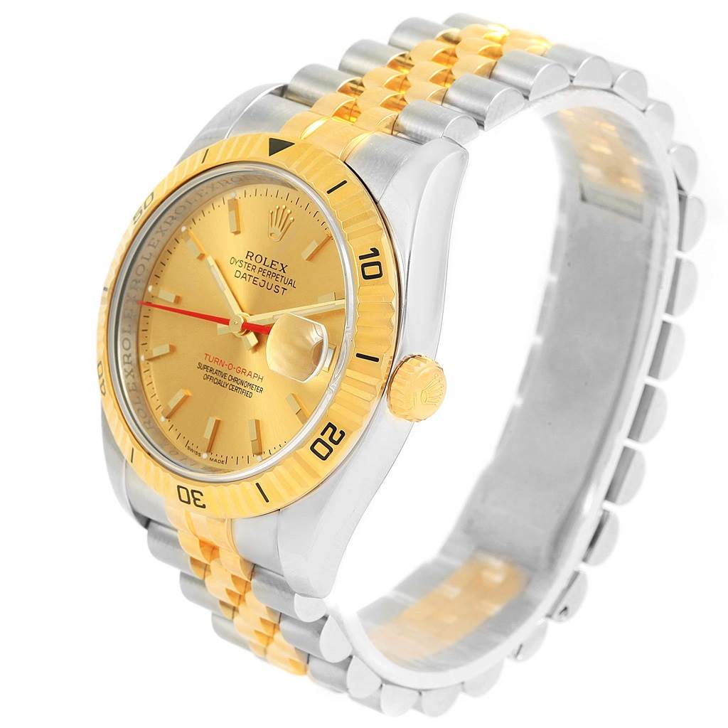The image shows a side angle of the Rolex Turn-o-Graph 116263 Men's Stainless Steel Champagne Dial 116263 Men's Stainless Steel Champagne Dial watch, highlighting its dial, bezel, crown, and bracelet.