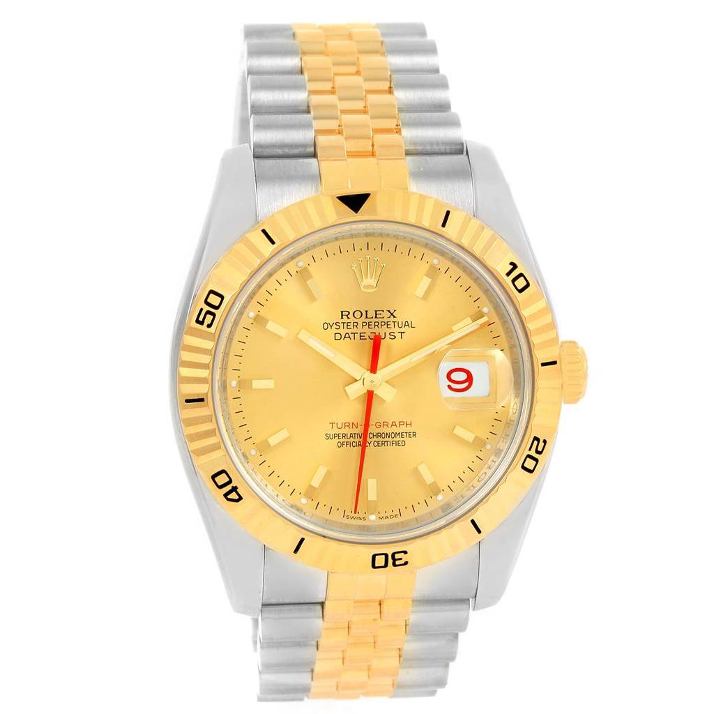 This image features a front view of a Rolex Turn-o-Graph 116263 Men's Stainless Steel Champagne Dial 116263 Men's Stainless Steel Champagne Dial watch, showcasing the dial, bezel, and bracelet.