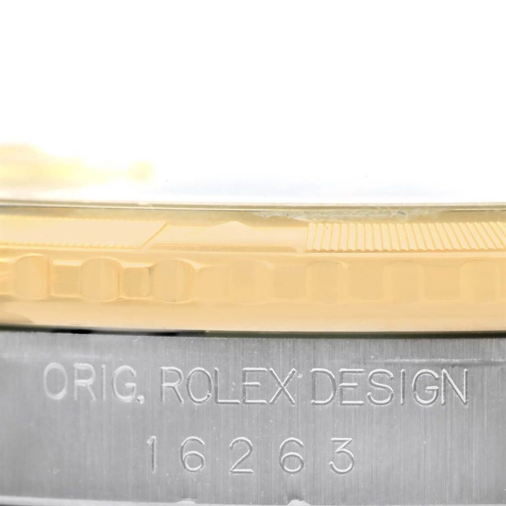 This image shows a close-up of the side of a Rolex Turn-o-Graph 16263 Men
s Steel and Gold (two tone) Champagne Dial 16263 Men
s Steel and Gold (two tone) Champagne Dial watch, highlighting the bezel and model number 16263.