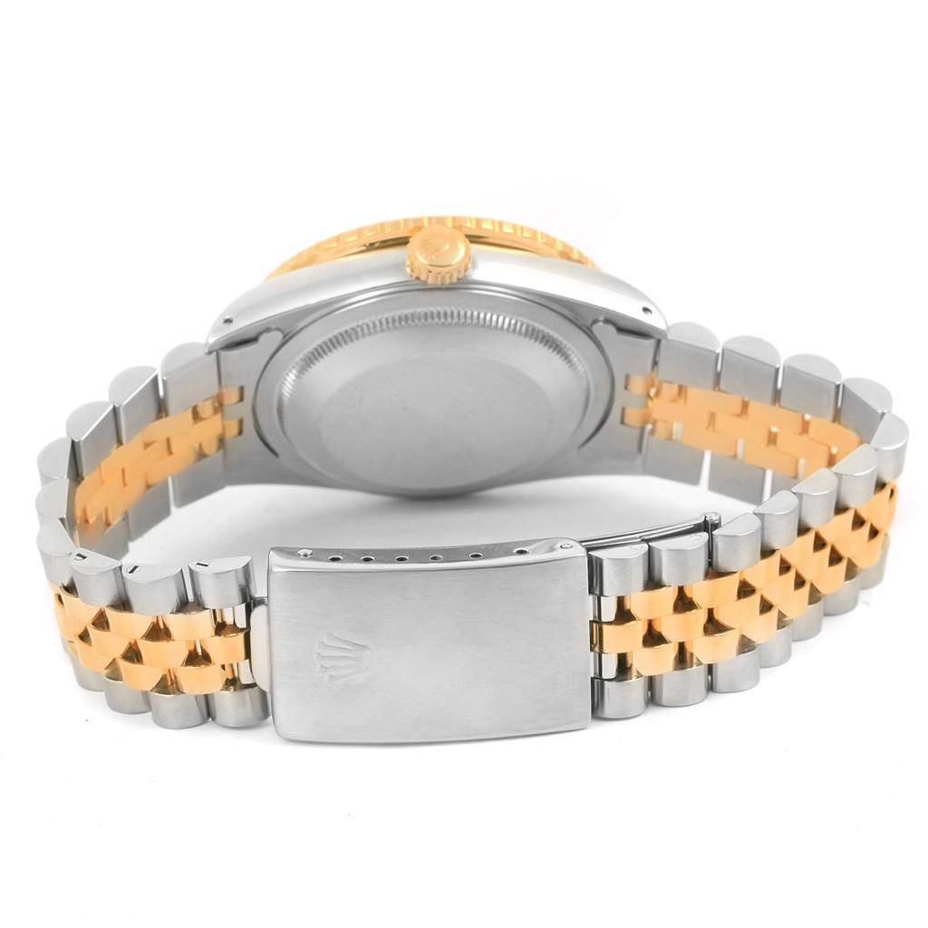 The image shows the back of a Rolex Turn-o-Graph 16263 Men
s Steel and Gold (two tone) Champagne Dial 16263 Men
s Steel and Gold (two tone) Champagne Dial watch, focusing on the case back, crown, and the two-tone band with clasp.