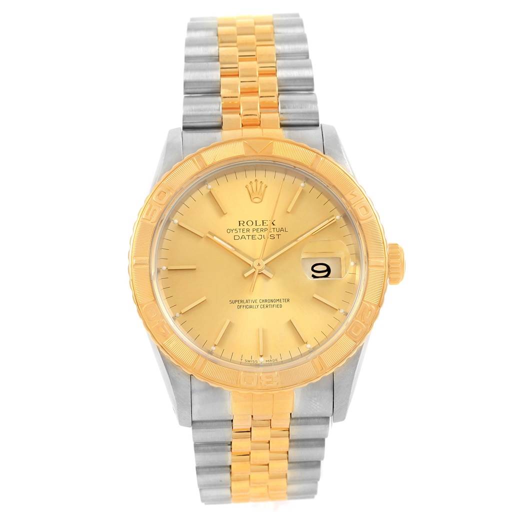 The image shows a Rolex Turn-o-Graph 16263 Men
s Steel and Gold (two tone) Champagne Dial 16263 Men
s Steel and Gold (two tone) Champagne Dial watch from a front angle, highlighting its dial, bezel, and bracelet.