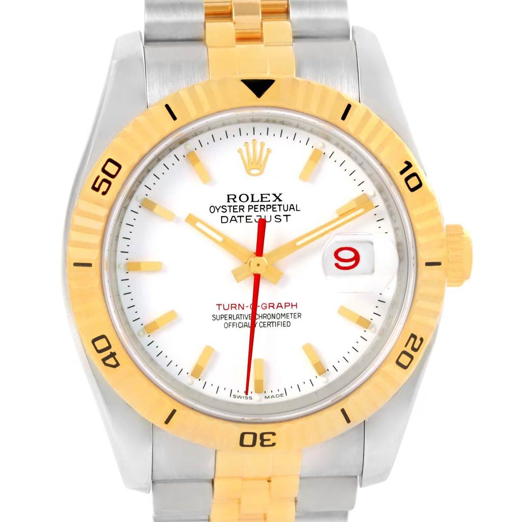The image shows a front view of the Rolex Turn-o-Graph 116263 Men's Stainless Steel White Dial 116263 Men's Stainless Steel White Dial watch, highlighting the gold bezel, dial, and part of the bracelet.